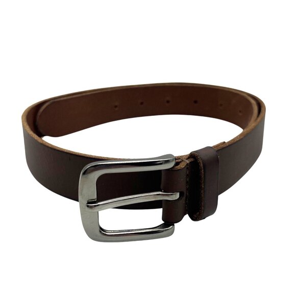 Timberland Brown Genuine Leather Belt Silver Buckle Logo Men Belt Size 30-32" - Picture 1 of 7